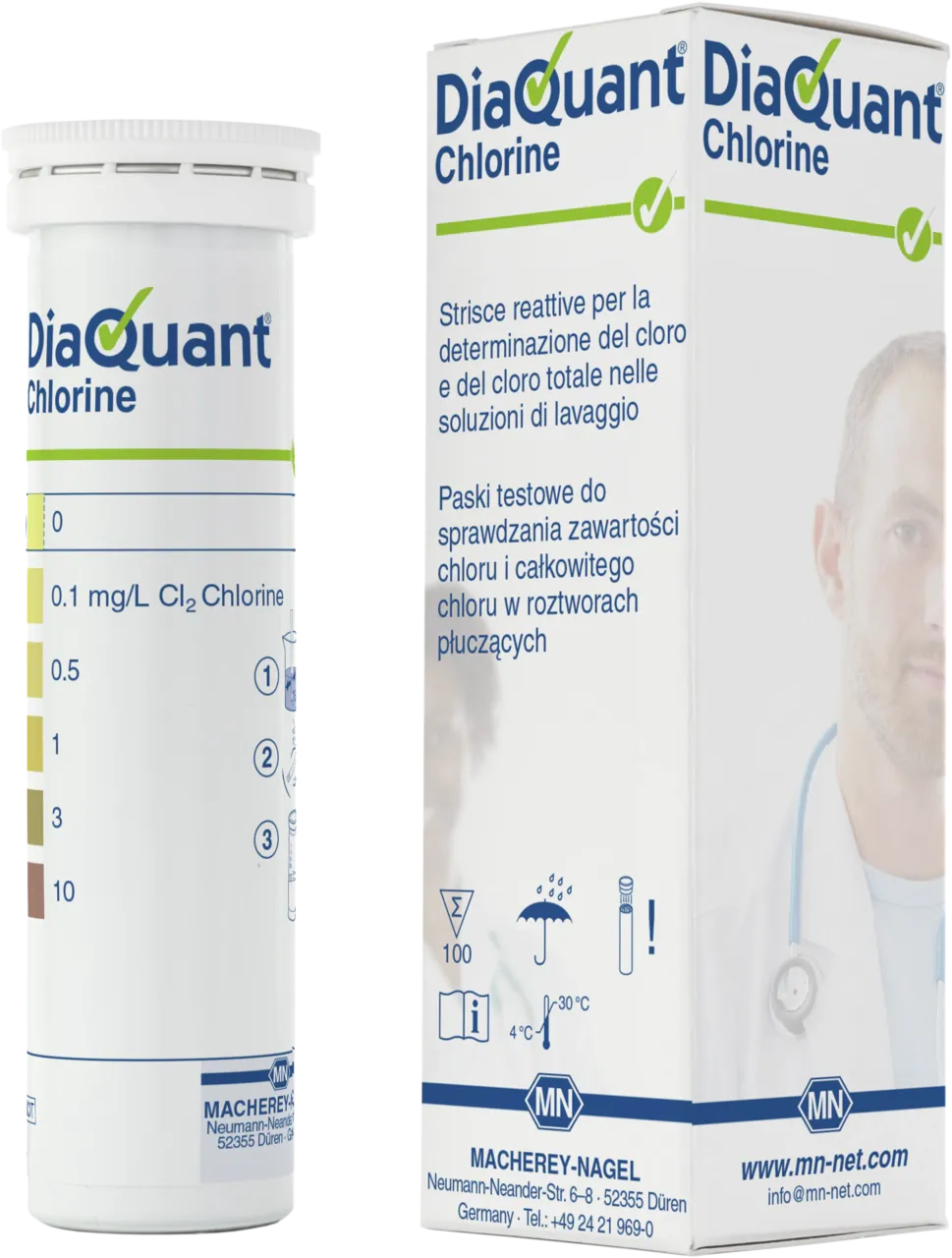 DiaQuant Chlorine box of 100 test sticks 6 x 95 mm