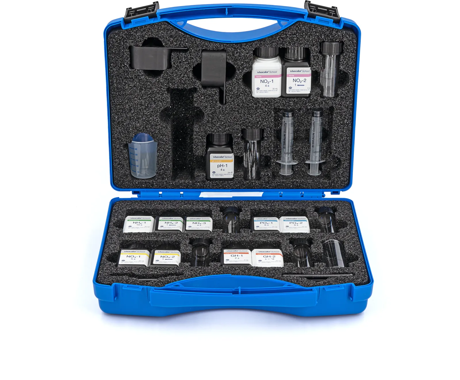 VISOCOLOR School reagent case for the determination of Ammonium, Nitrate, Nitrite, Phosphate, pH and Total hardness
