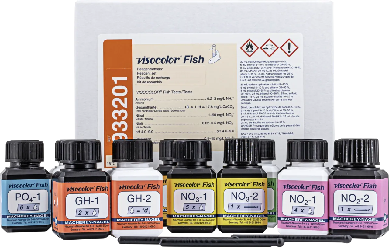 VISOCOLOR FISH reagent case refill set for the determination of Ammonium, Nitrate, Nitrite, Phosphate, pH and Total hardness
