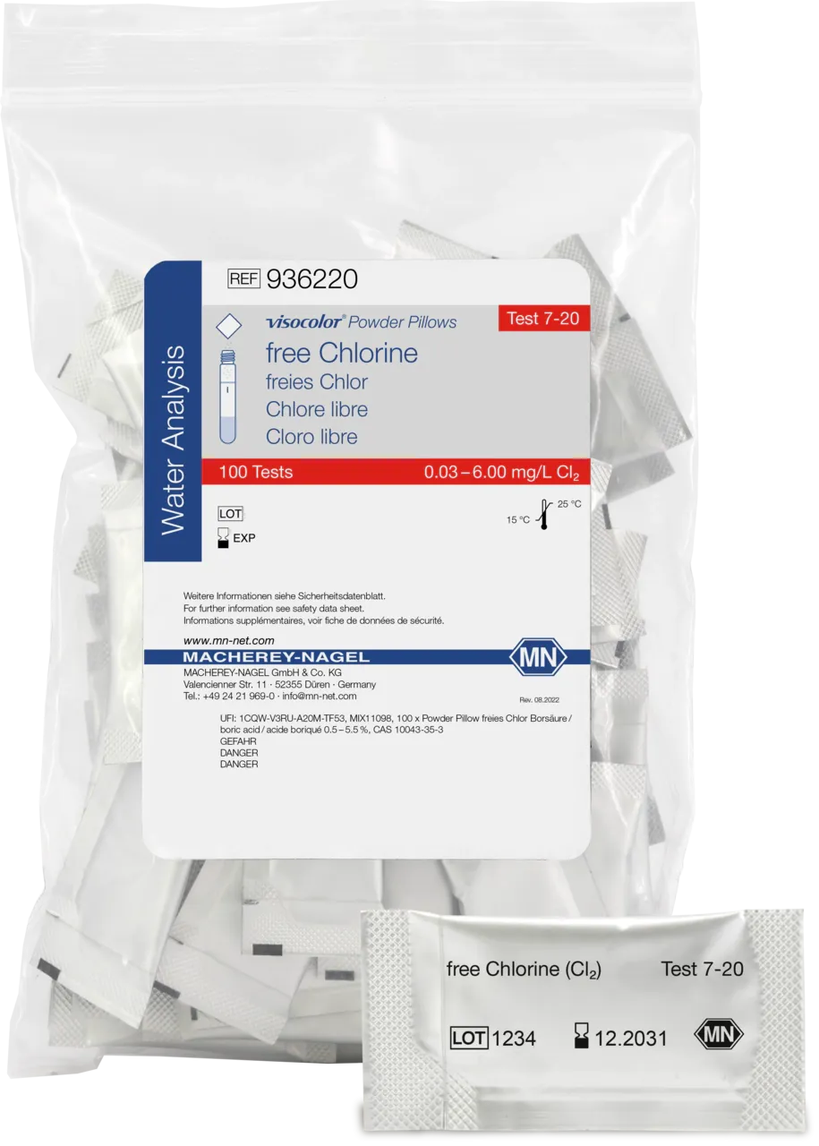 VISOCOLOR Powder Pillows free Chlorine reagent set for photometric determination measuring range: 0.03-6.00 mg/L Cl2 100 determinations