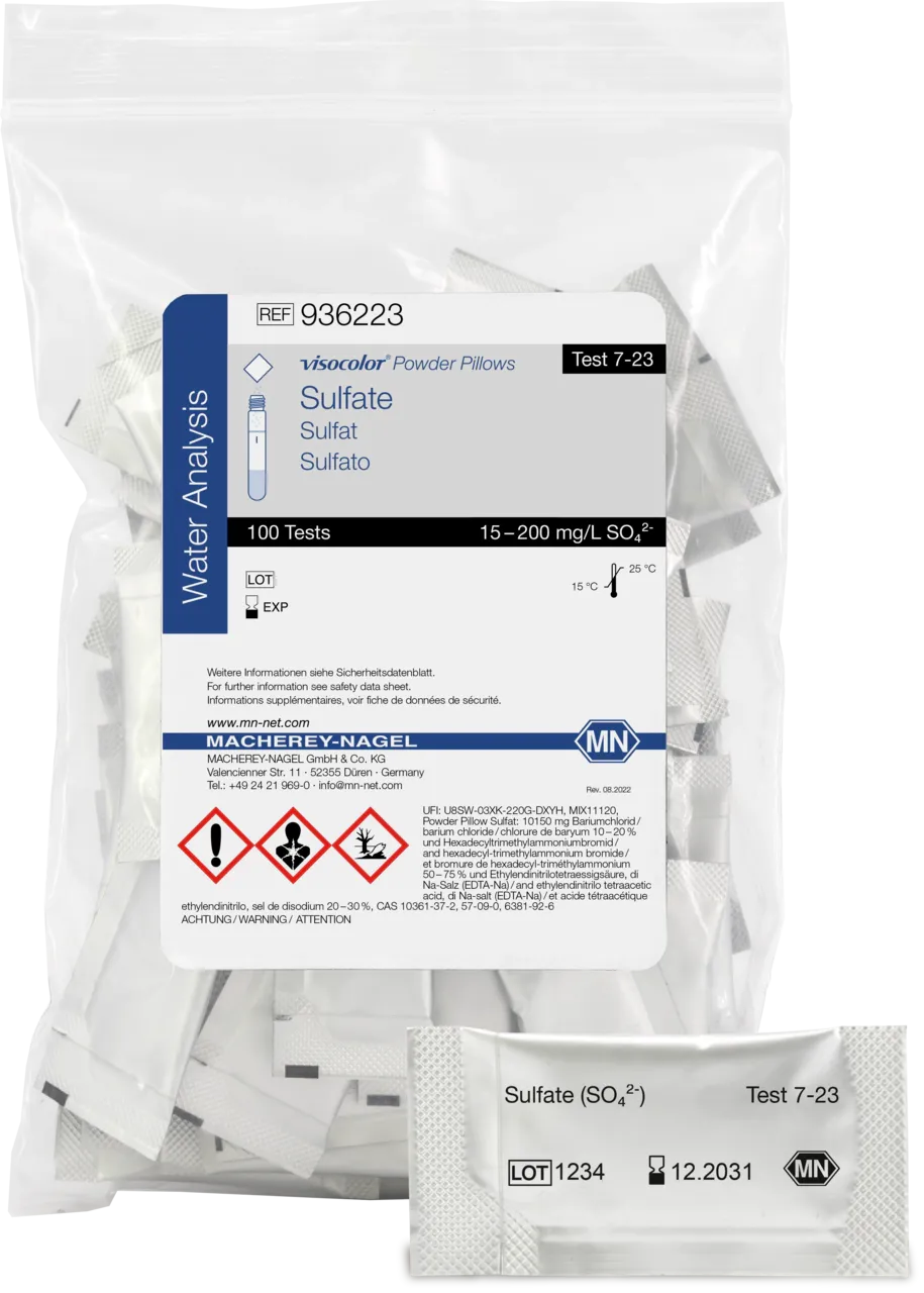 VISOCOLOR Powder Pillows Sulfate reagent set for photometric determination measuring range: 15 - 200 mg/L SO42- 100 determinations