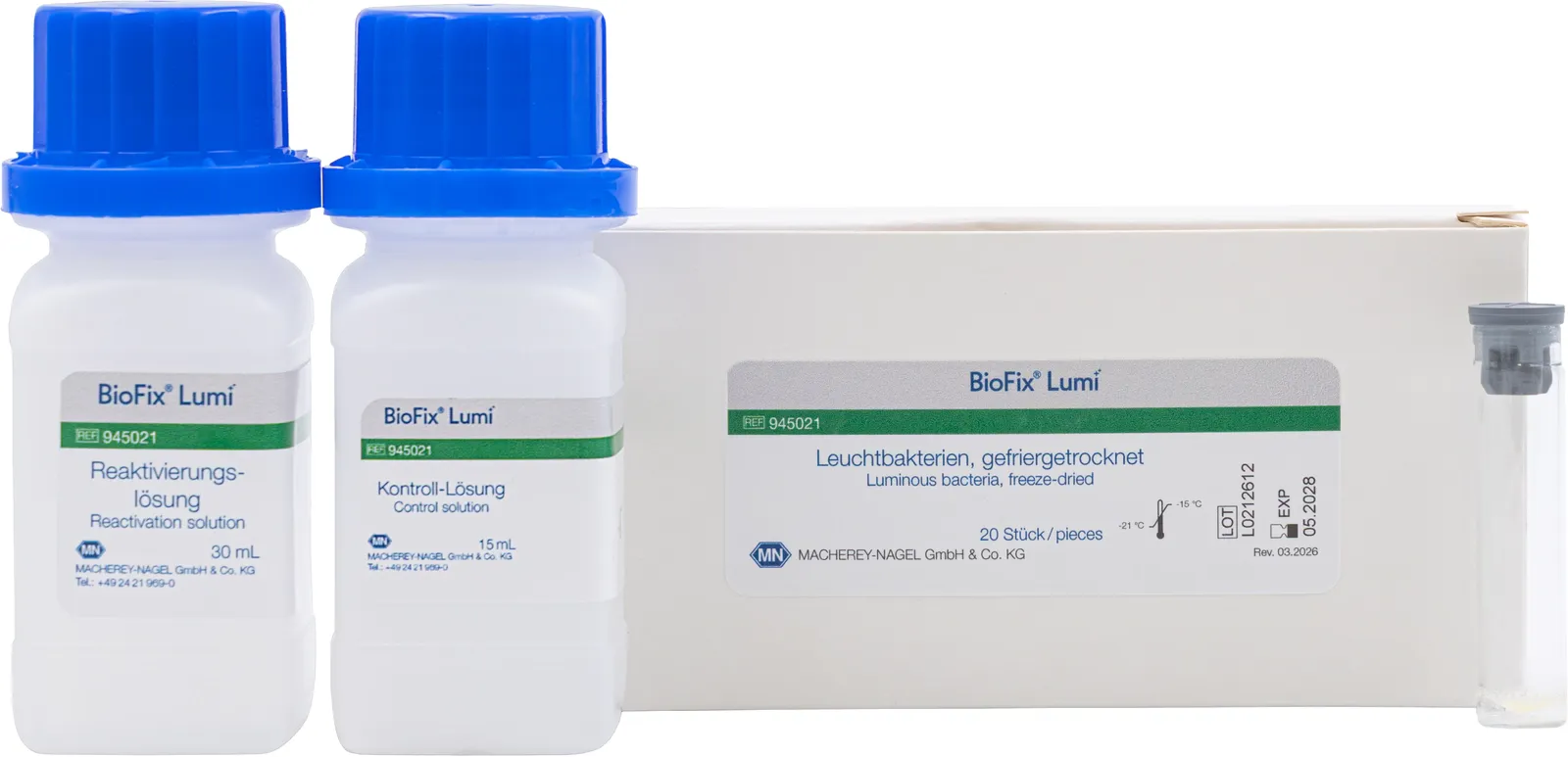 BioFix Lumi "Single Shot" luminous bacteria for single determinations, additionally with "Single Shot" reactivation and control solutions 20 vials for 20 toxicity determinations