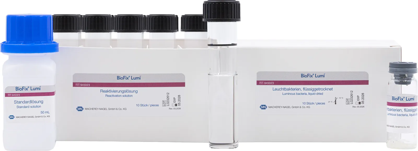 BioFix Lumi luminous bacteria in accordance DIN EN ISO 11348-2 packed with 10 vials, 20 determinations each vial liquid-dried, incl. reactivation solution