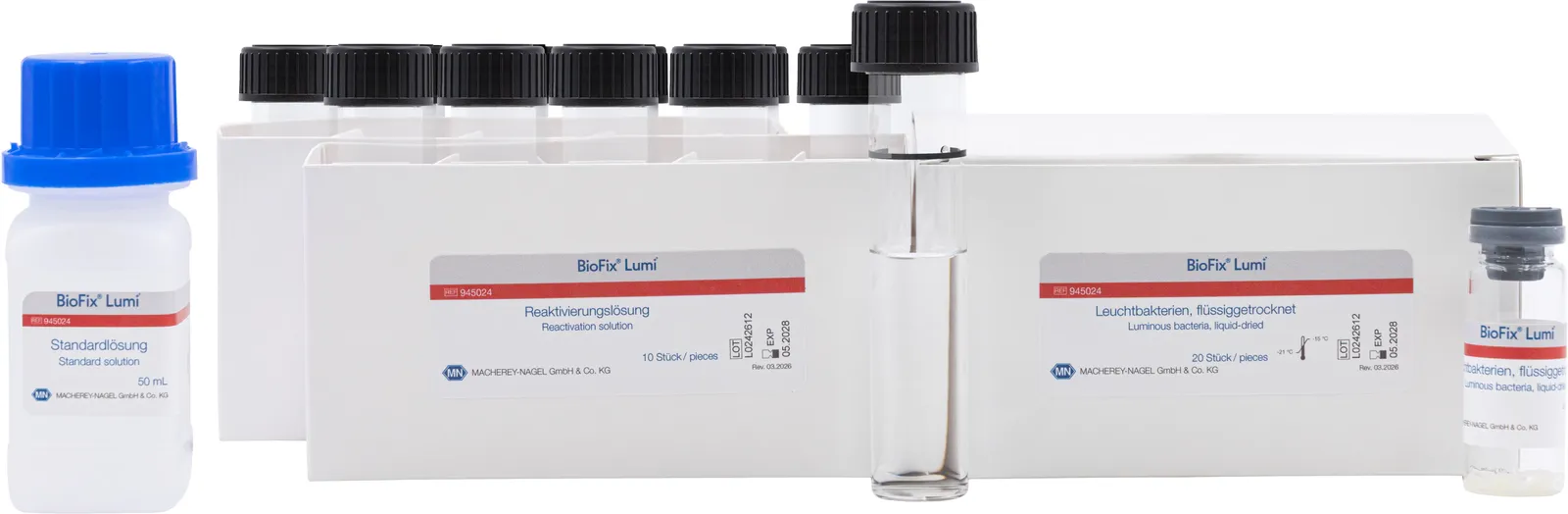 BioFix Lumi luminous bacteria in accordance DIN EN ISO 11348-2 packed with 20 vials, 20 determinations each vial liquid-dried, incl. reactivation solution