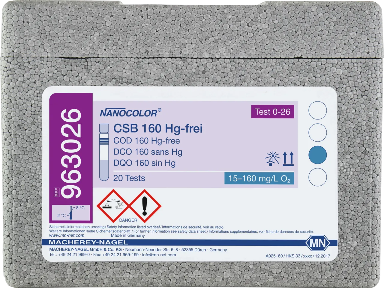 NANOCOLOR COD 160 Hg-free tube test measuring range: 15-160 mg/L O2 sufficient for 20 determinations 20 Cartriges included