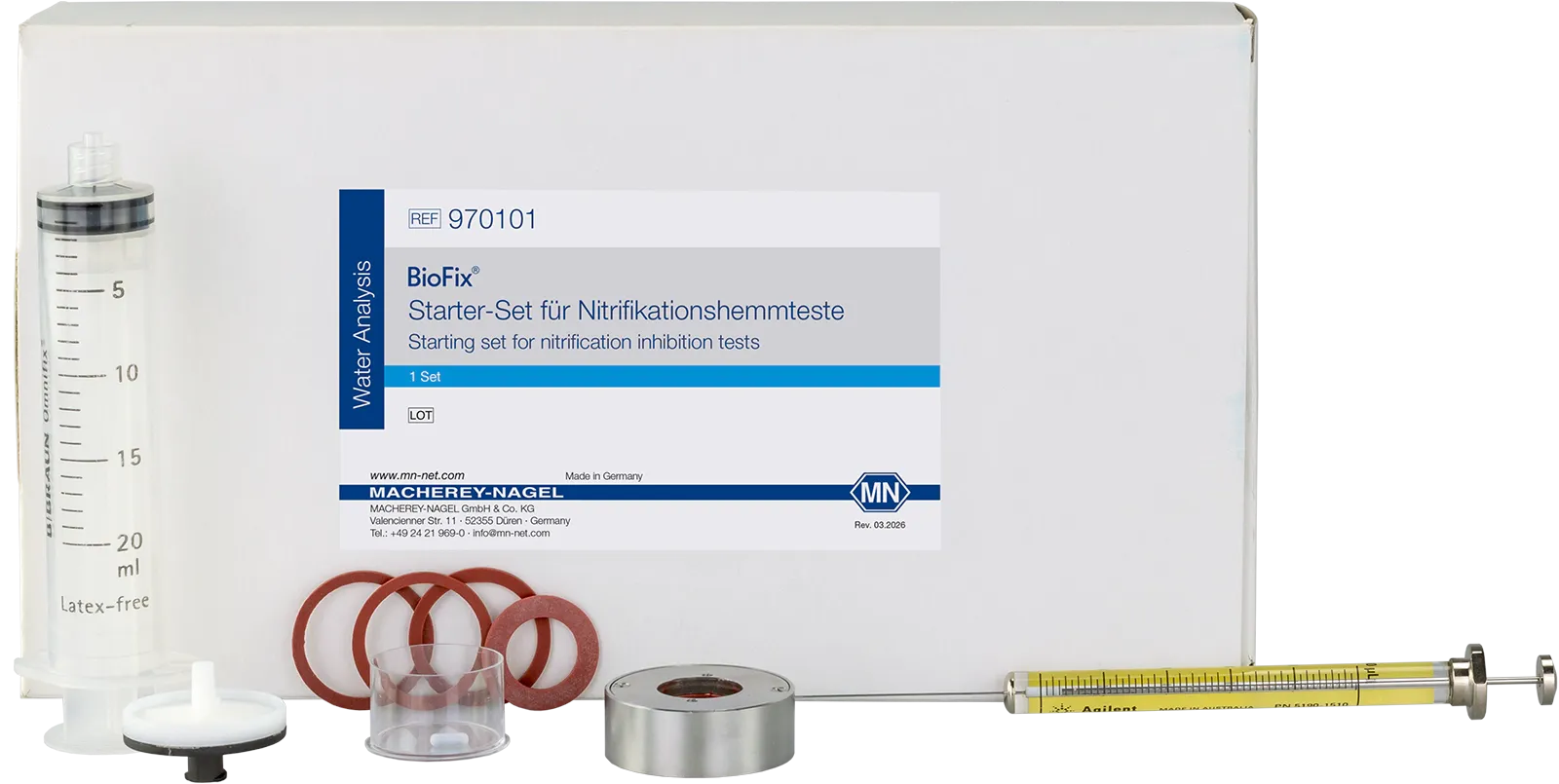 Bio Fix Starter kit for nitrification inhibition tests consists of: 1 electrode adaptor 3 x 2 seals for the electrode adaptor 2 mini-magnets 1 micro syringe 100 µl 1 filtration syringe 20 ml
