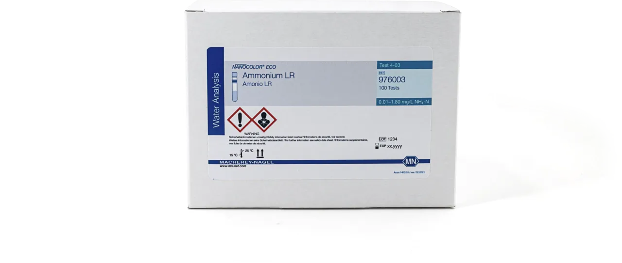 NANOCOLOR ECO Ammonium LR tube test measuring range: 0.01 - 1.80 mg/L NH4-N 0.01 - 2.30 mg/L NH4+ sufficient for 100 determinations