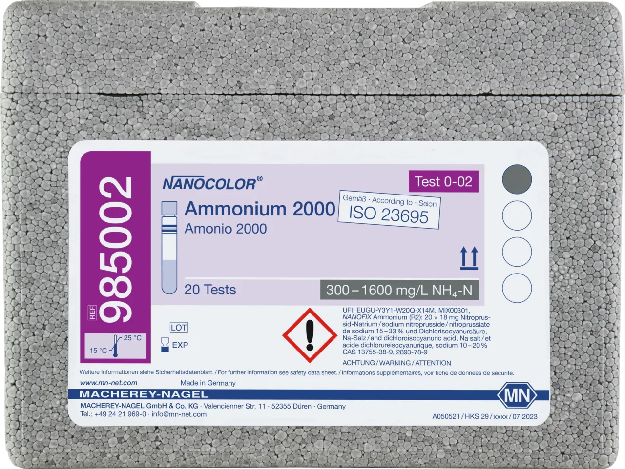 NANOCOLOR Ammonium 2000 tube test measuring range: 300-1600 mg/L NH4-N 400-2000 mg/L NH4+ sufficient for 20 determinations