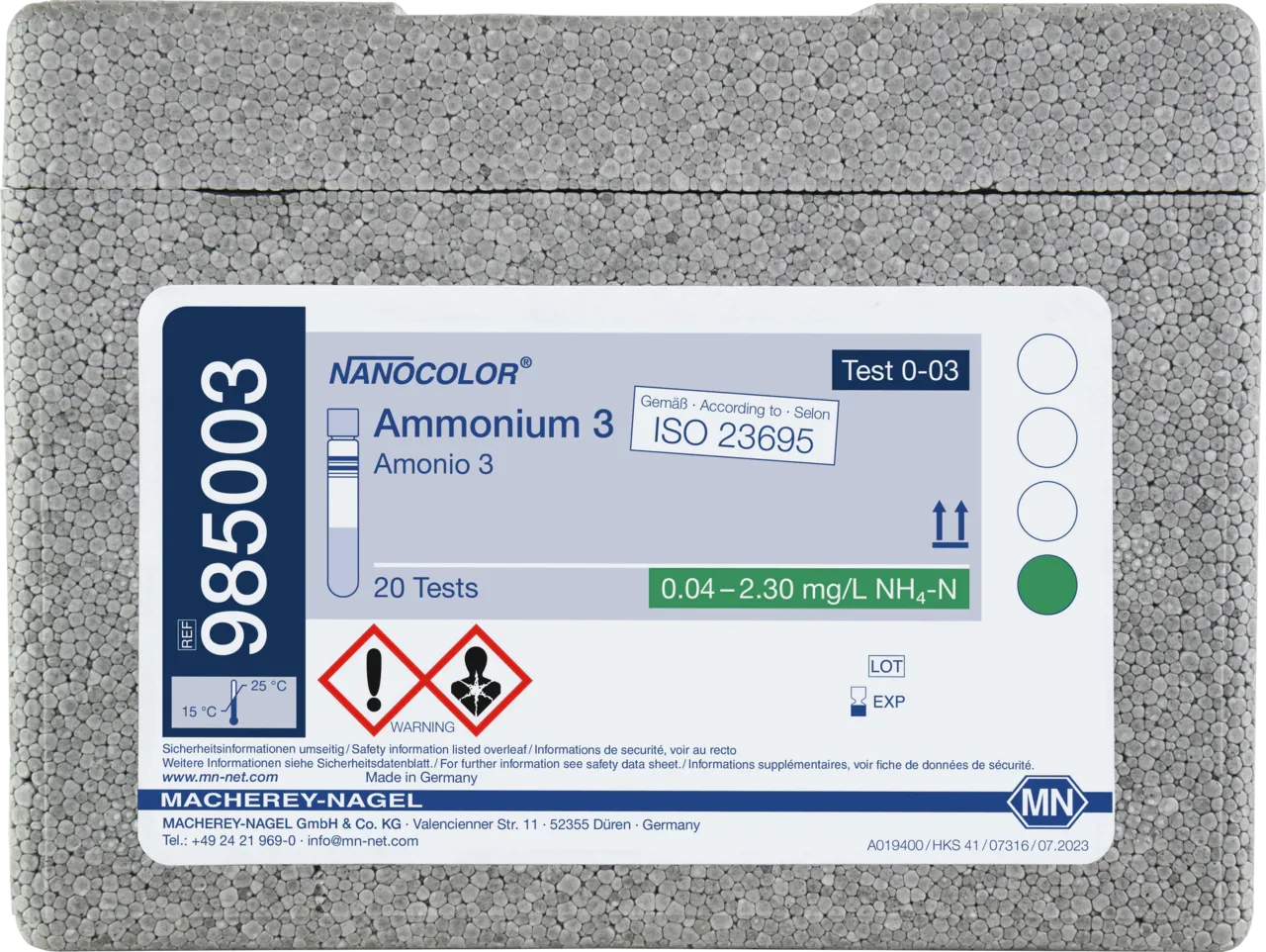 NANOCOLOR Ammonium 3 tube test measuring range: 0.04-2.30 mg/L NH4-N 0.05-3.00 mg/L NH4+ sufficient for 20 determinations