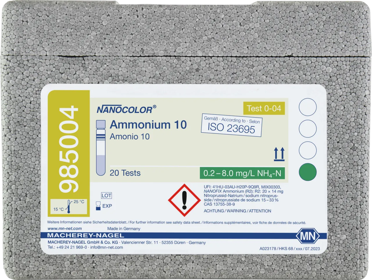 NANOCOLOR Ammonium 10 tube test measuring range: 0.2-8.0 mg/L NH4-N 0.2-10.0 mg/L NH4+ sufficient for 20 determinations