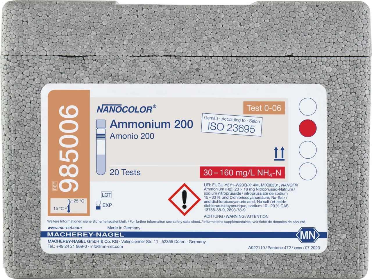 NANOCOLOR Ammonium 200 tube test measuring range: 30-160 mg/L NH4-N 40-200 mg/L NH4+ sufficient for 20 determinations