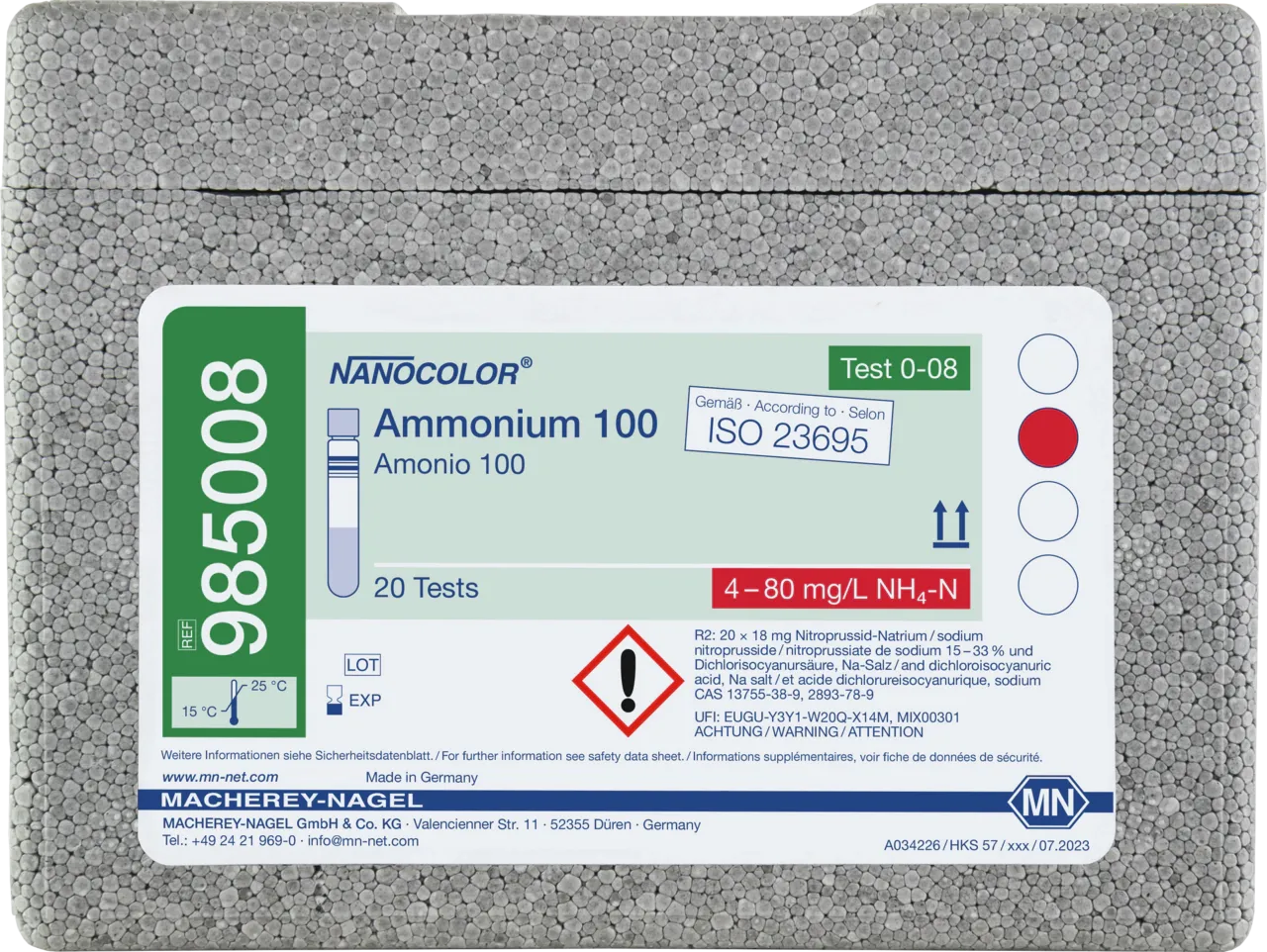 NANOCOLOR Ammonium 100 tube test measuring range: 4-80 mg/L NH4-N 5-100 mg/L NH4+ sufficient for 20 determinations