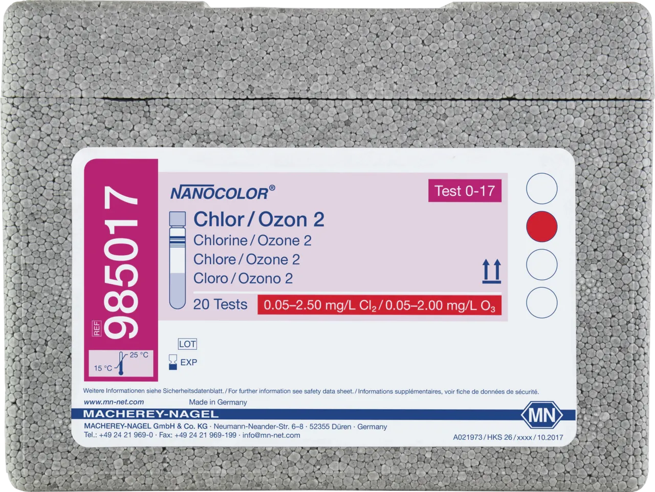 NANOCOLOR Chlorine/Ozone 2 tube test measuring range: 0.05-2.50 mg/L Cl2 0.05-2.00 mg/L O3 sufficient for 20 determinations