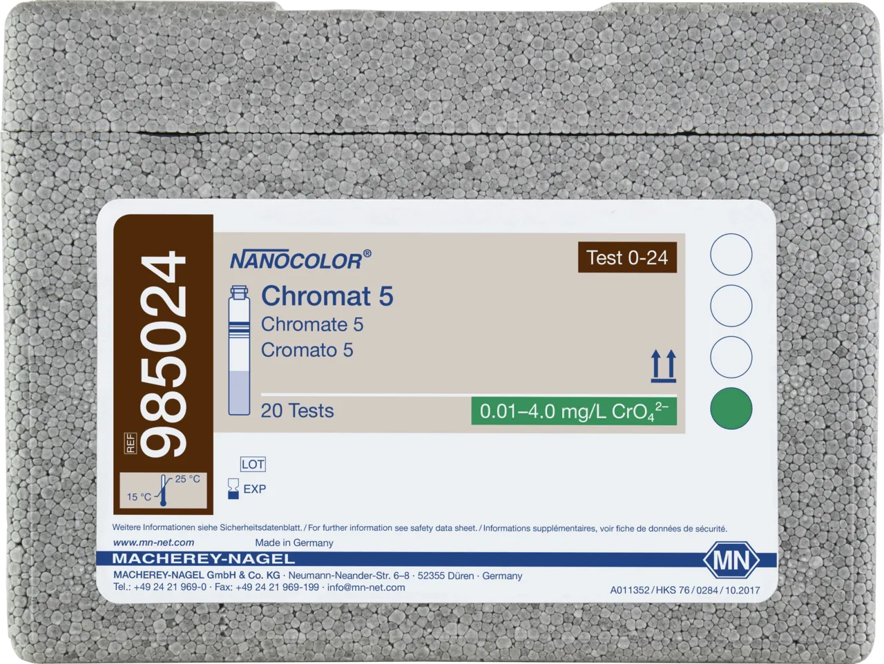 NANOCOLOR Chromate 5 tube test measuring range: 0.05-2.00 mg/L Cr(Vl) 0.005-0.500 mg/L Cr(Vl) 0.1-4.0 mg/L CrO42- 0.01-1.00 mg/L CrO42- sufficient for 20 determinations