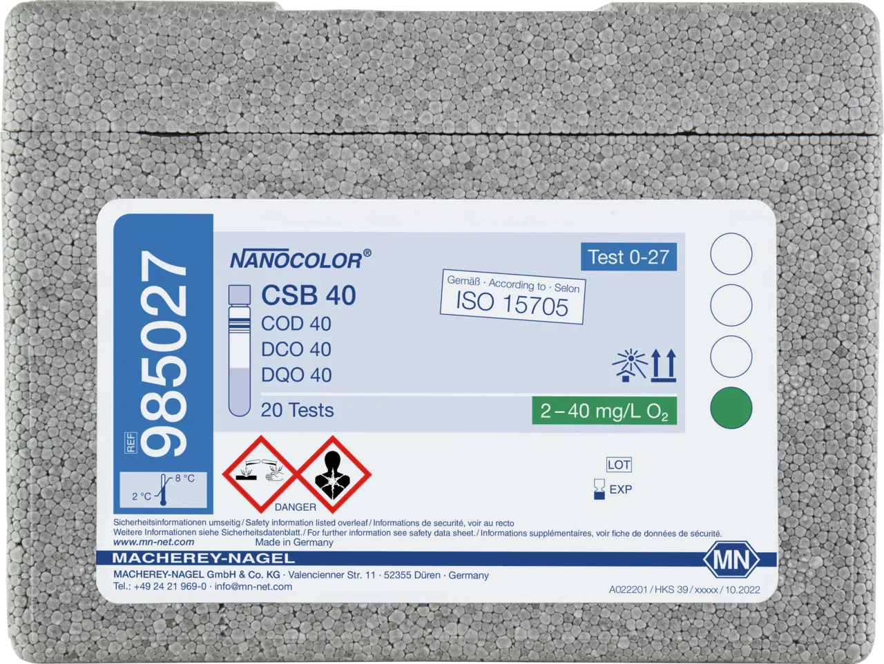 NANOCOLOR COD 40 tube test measuring range: 2-40 mg/L O2 sufficient for 20 determinations