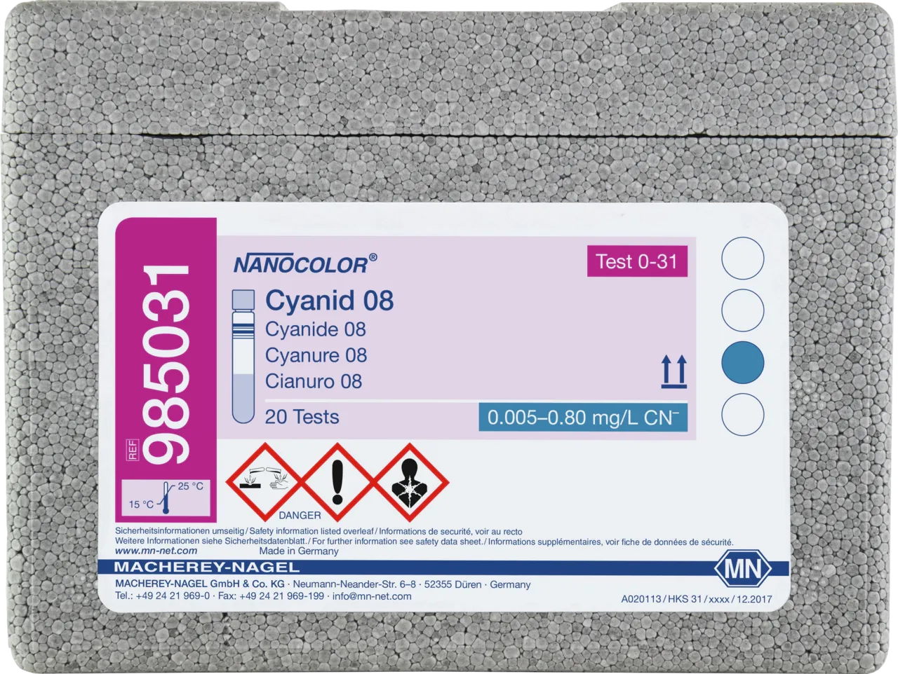 NANOCOLOR Cyanide 08 tube test measuring range: 0.02-0.80 mg/L CN- 0.005-0.100 mg/L CN- sufficient for 20 determinations