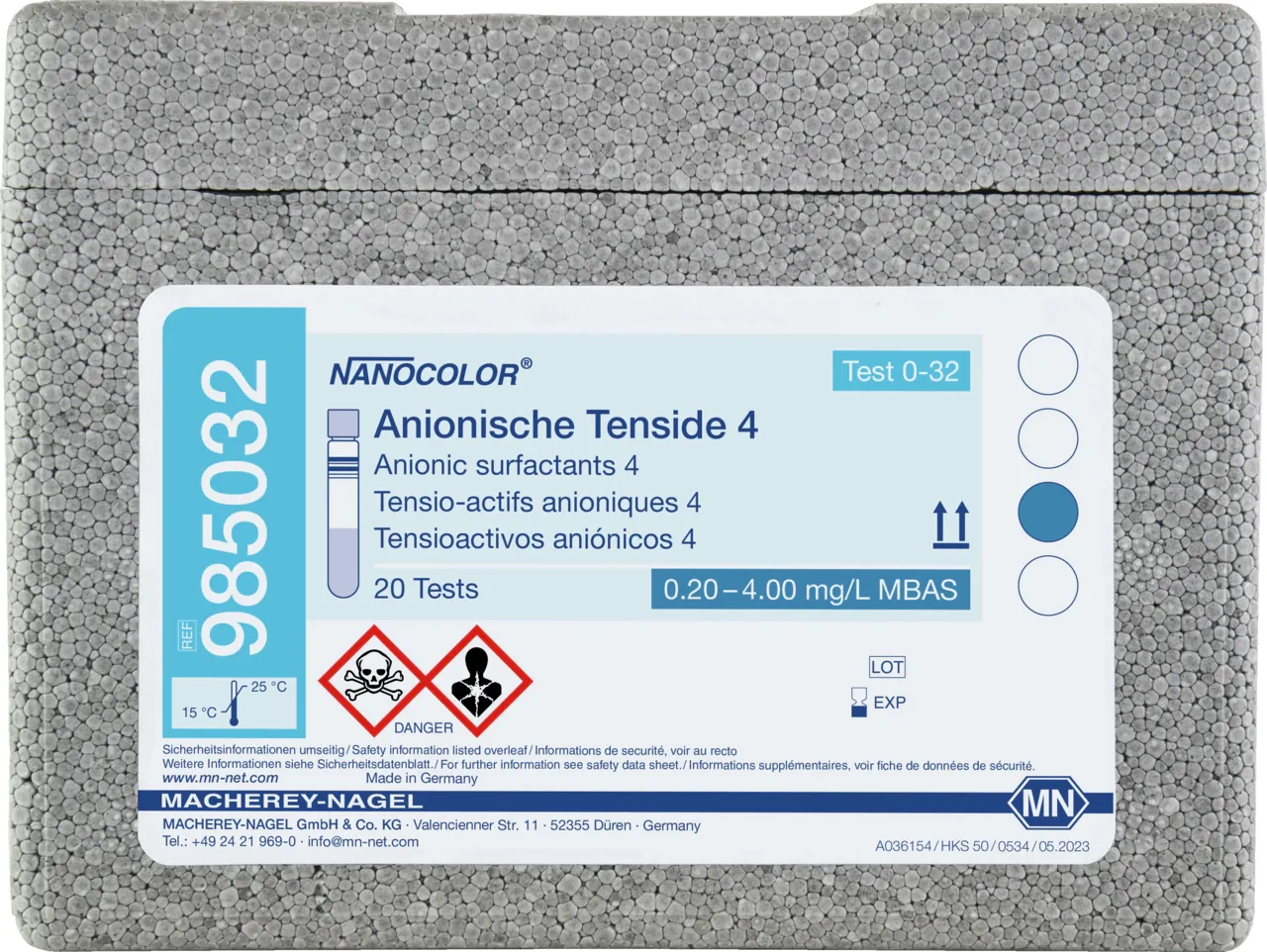NANOCOLOR Anionic surfactants 4 tube test measuring range: 0.20-4.00 mg/L MBAS 0.20-3.50 mg/L SDS sufficient for 20 determinations