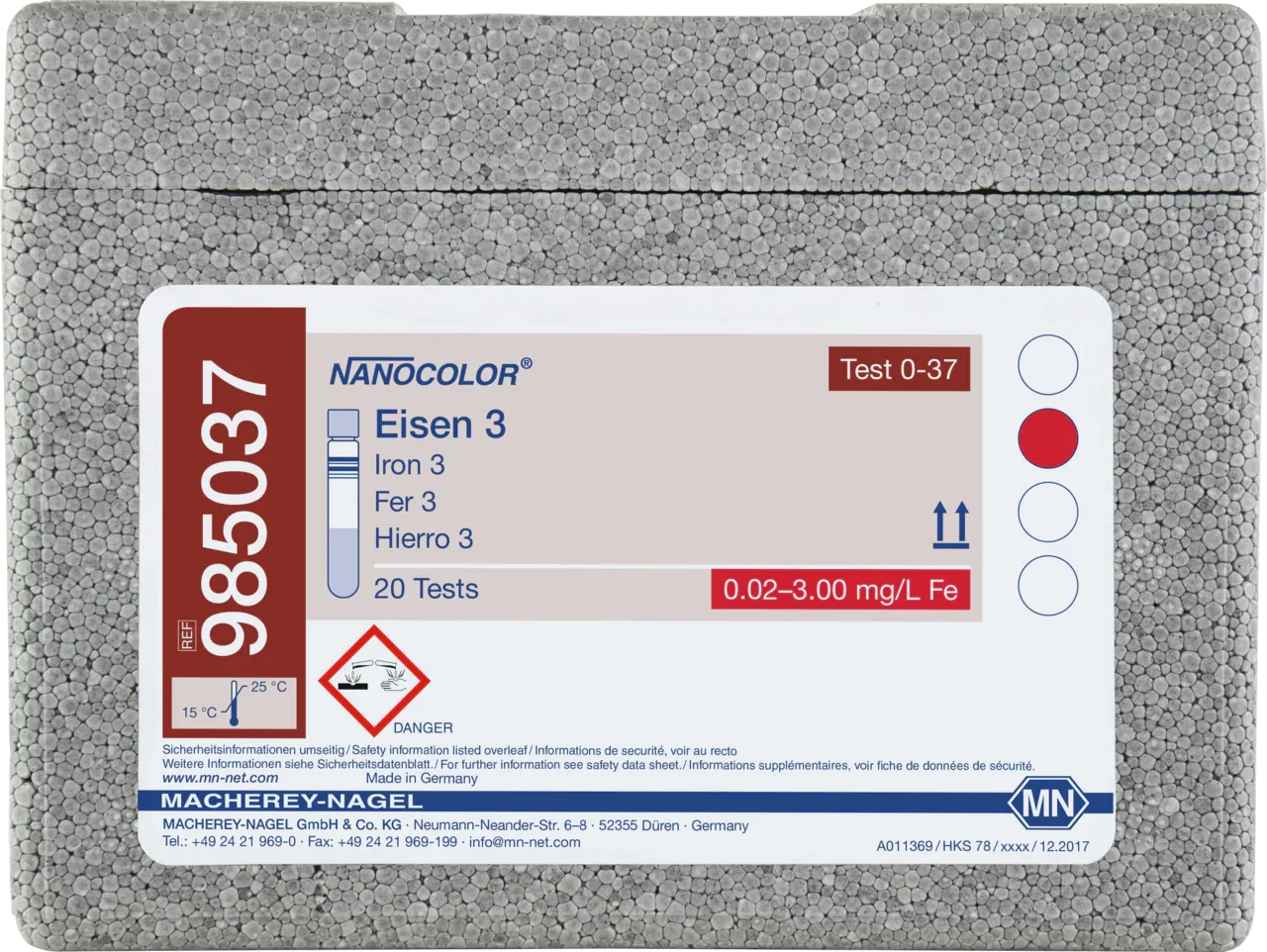 NANOCOLOR Iron 3 tube test measuring range: 0.10-3.00 mg/L Fe 0.02-1.00 mg/L Fe sufficient for 20 determinations