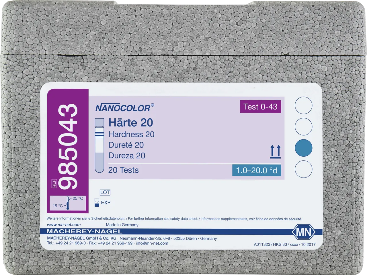NANOCOLOR Hardness 20 tube test measuring range: 1.25-25.00 °e 0.2-3.6 mmol/L sufficient for 20 determinations
