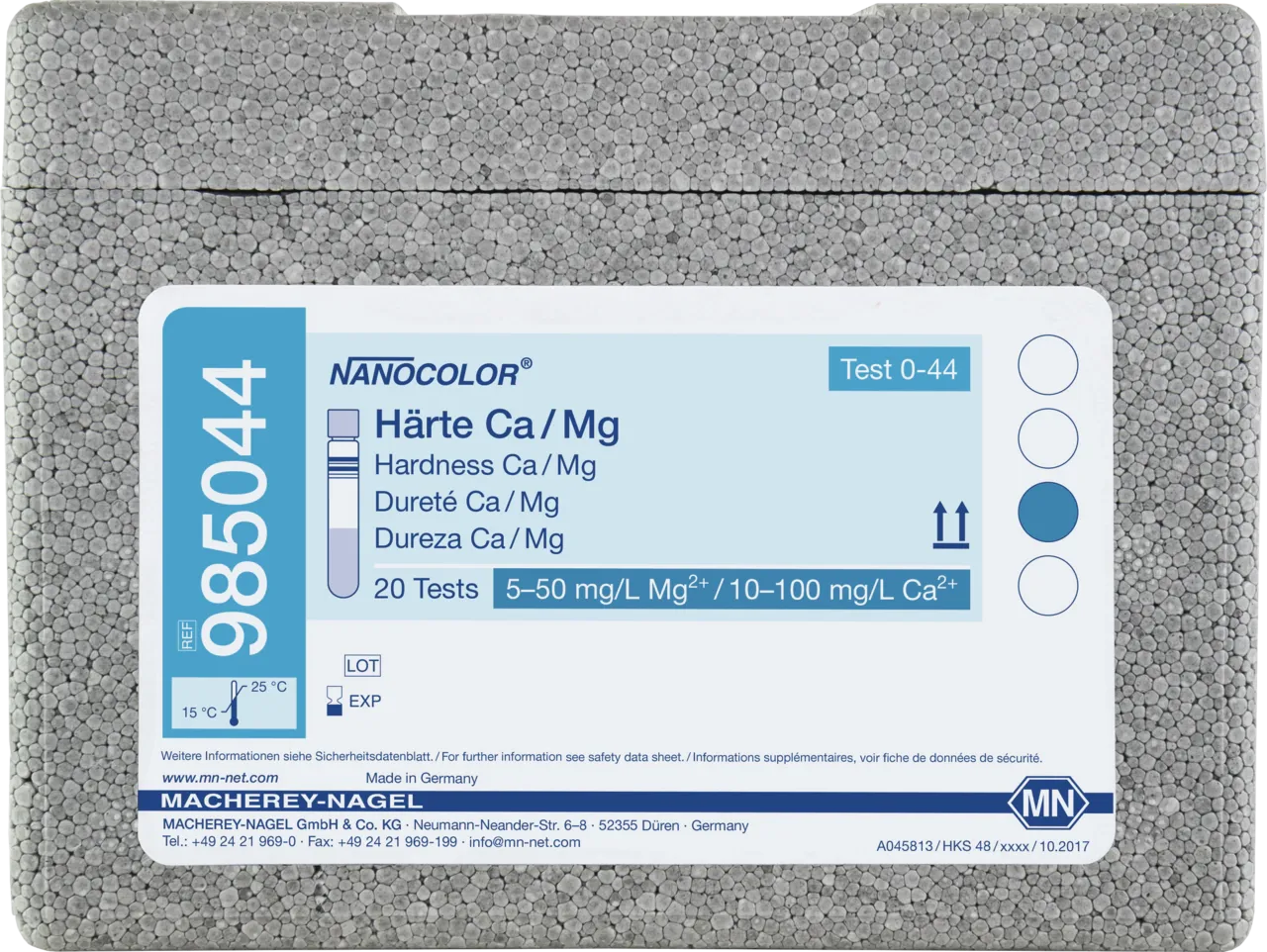 NANOCOLOR Hardness Ca/Mg tube test measuring range: 1.25-25.00 °e / 5-50 mg/L Mg2+ 0.2-3.6 mmol/L / 10-100 mg/L Ca2+ sufficient for 20 determinations