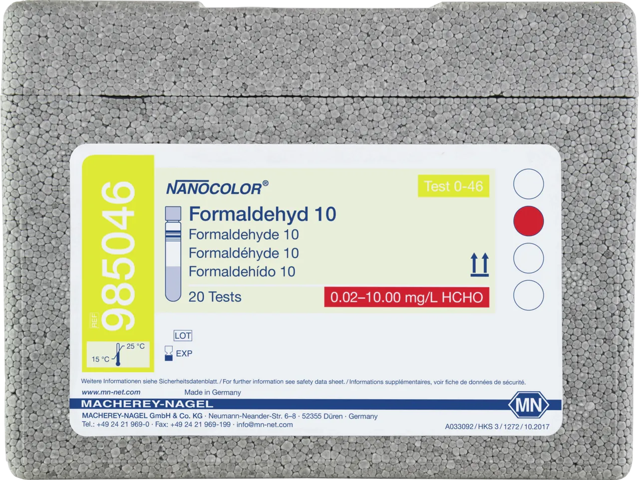 NANOCOLOR Formaldehyde 10 tube test measuring range: 0.20-10.00 mg/L HCHO 0.02-1.00 mg/L HCHO sufficient for 20 determinations