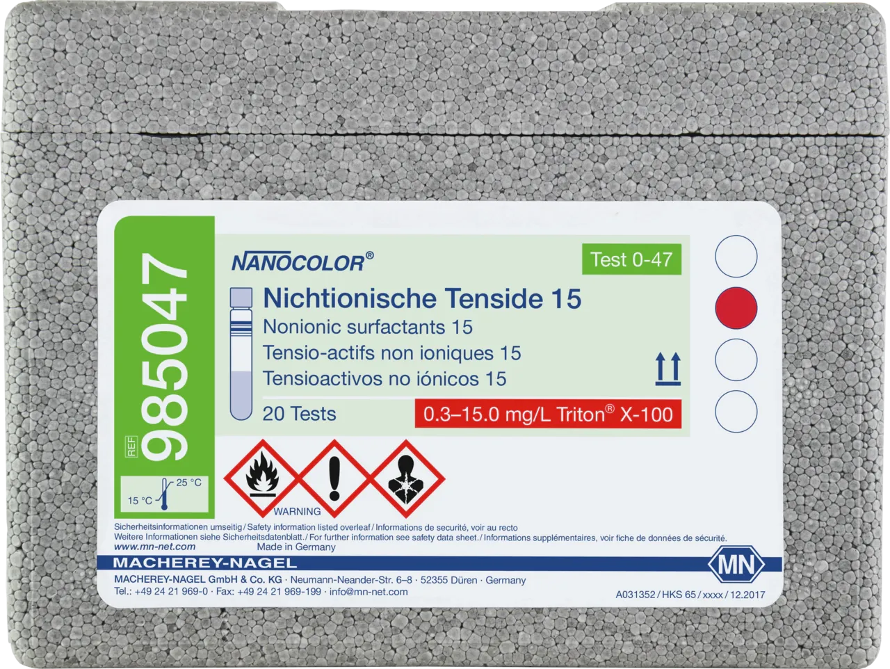 NANOCOLOR Nonionic surfactants 15 tube test measuring range: 0.3-15.0 mg7L Triton X-100 sufficient for 20 determinations