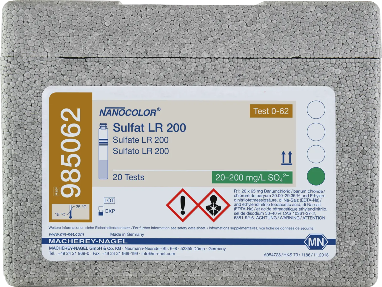 NANOCOLOR Sulfate LR 200 tube test measuring range: 20-200 mg/L SO42- sufficient for 20 determinations