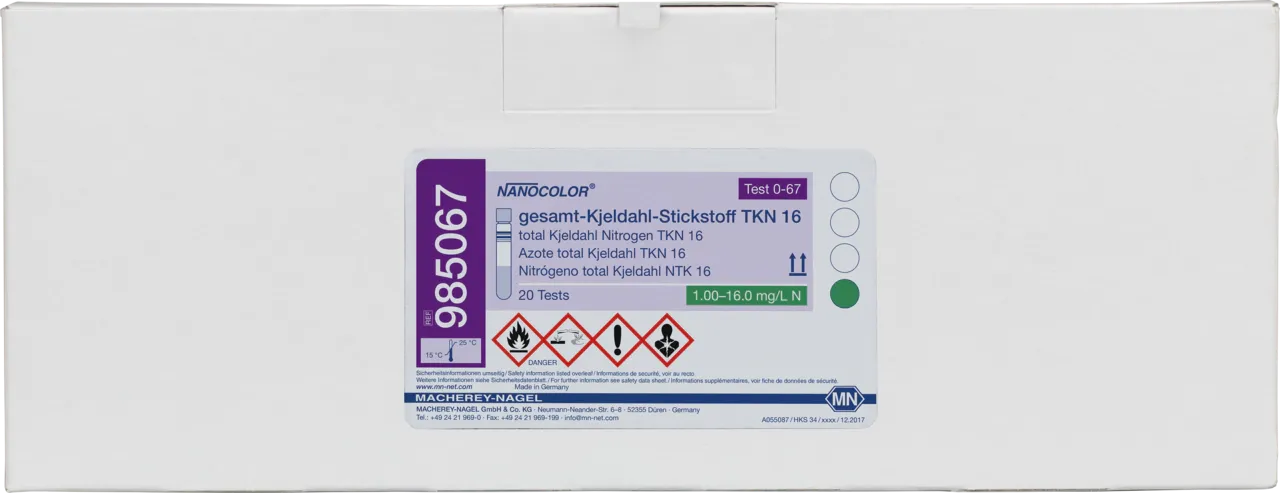 NANOCOLOR total Kjeldahl nitrogen TKN 16 tube test measuring range: 1.00-16.0 mg/L TKN sufficient for 20 determinations Consisting of box A, B and C in cardboard box