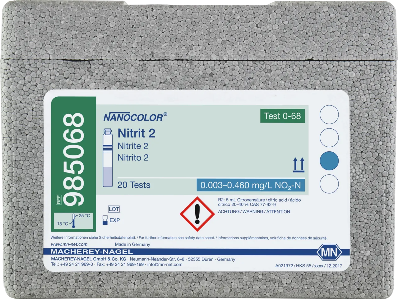 NANOCOLOR Nitrite 2 tube test measuring range: 0.003-0.460 mg/L NO2-N 0.02-1.50 mg/L NO2- sufficient for 20 determinations