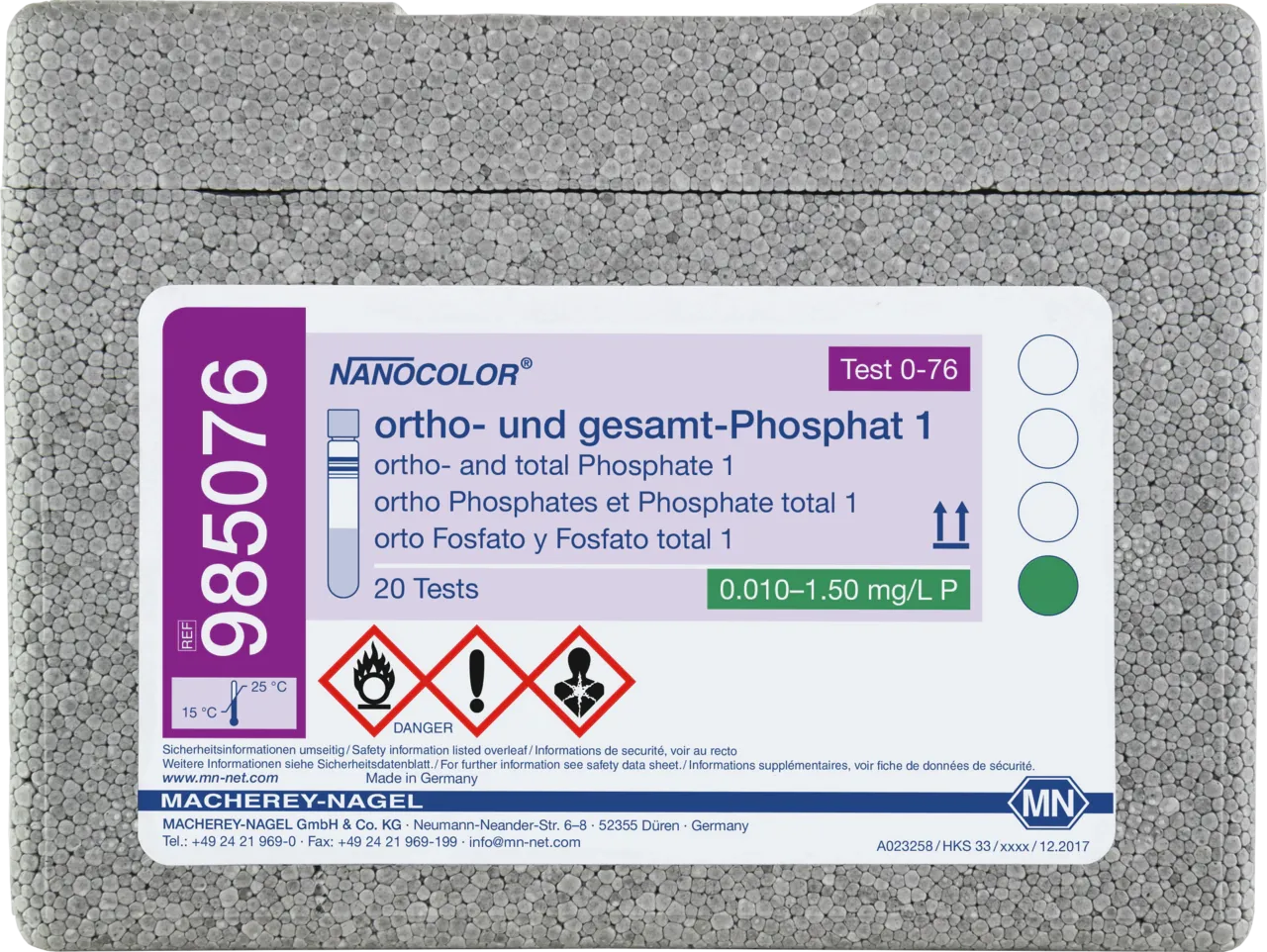 NANOCOLOR ortho and total Phosphate 1 tube test measuring range: 0.05-1.50 mg/L P 0.010-0.800 mg/L P 0.2-5.0 mg/L PO43- 0.03-2.50 mg/L PO43+ sufficient for 20 determinations