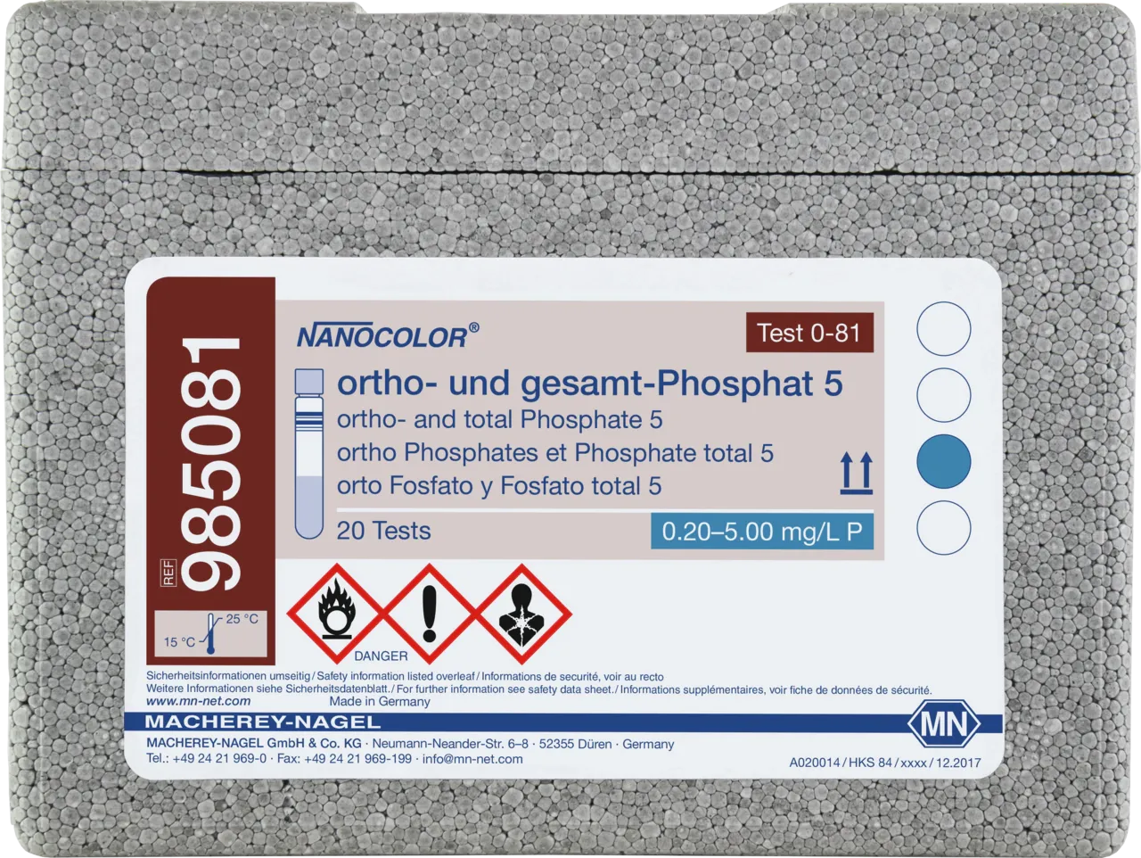 NANOCOLOR ortho and total Phosphate 5 tube test measuring range: 0.20-5.00 mg/L P 0.5-15.0 mg/L PO43- sufficient for 20 determinations