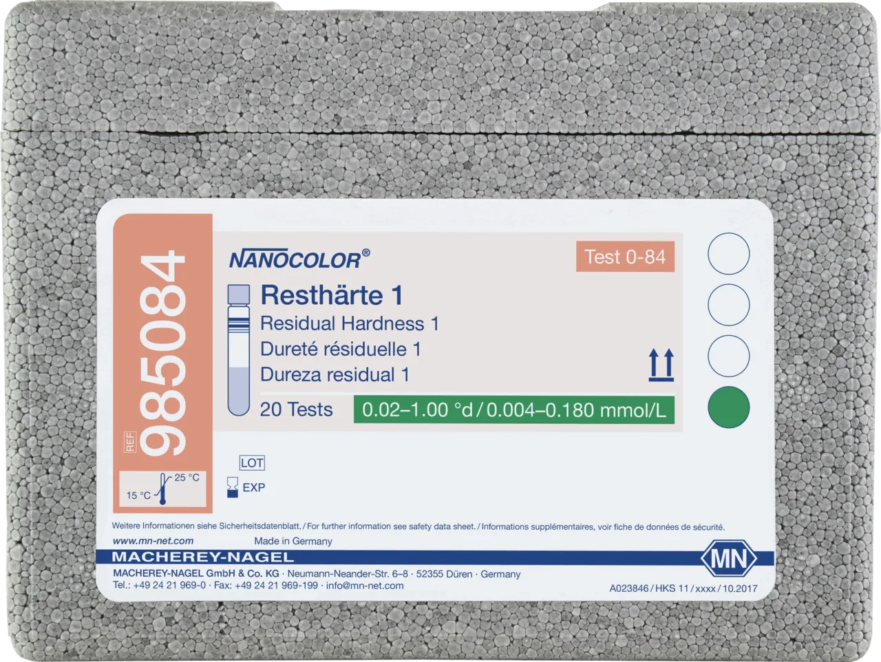 NANOCOLOR Residual hardness 1 tube test measuring range: 0.03-1.25 °e 0.004-0.180 mmol/L sufficient for 20 determinations