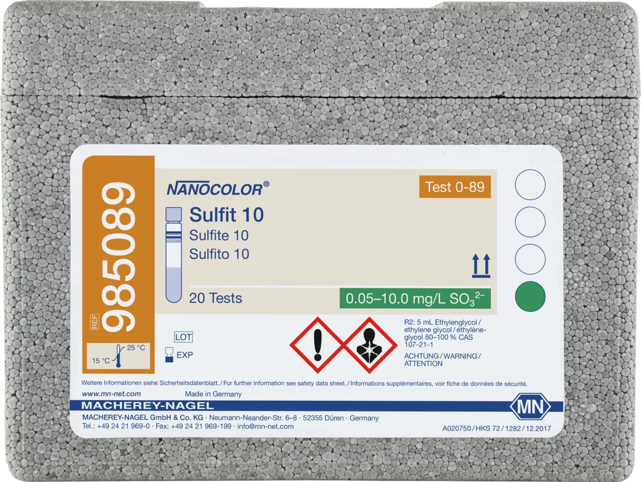 NANOCOLOR Sulfite 10 tube test measuring range: 0.2-10.0 mg/L SO32- 0.05-2.40 mg/L SO32- sufficient for 20 determinations