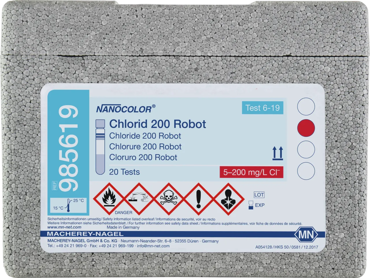 NANOCOLOR Chloride 200 for examination on Skalar robots tube test measuring range: 5-200 mg/L Cl- 0.10-1.00 g/L Cl- sufficient for 20 determinations
