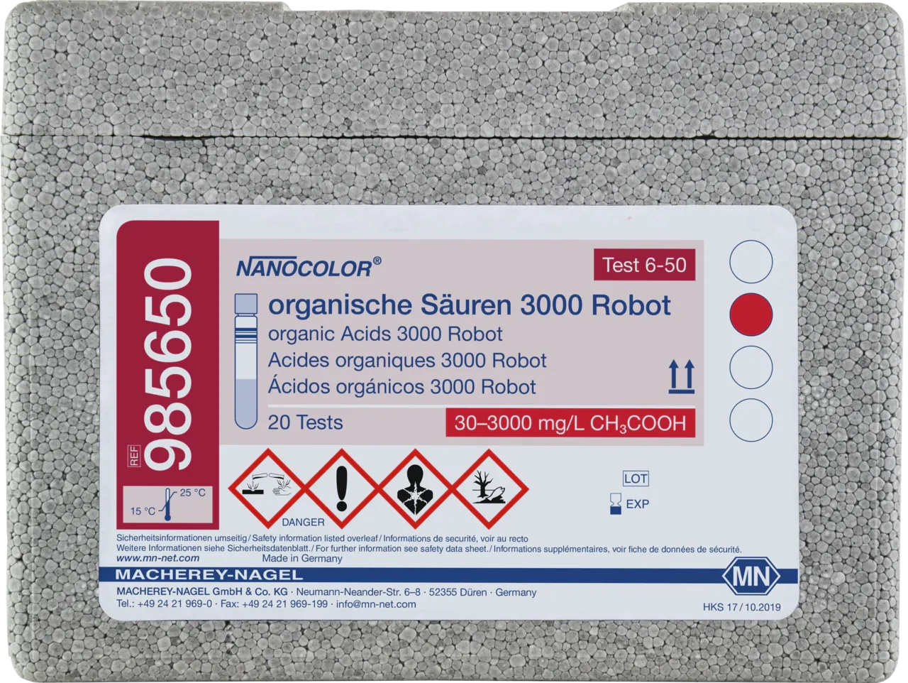 NANOCOLOR Organic acids 3000 for examnation on Skalar robots tube test with barcode measuring range: 30-3000 mg/L CH3COOH 0.5-50.0 mmol/L CH3COOH sufficient for 20 determinations