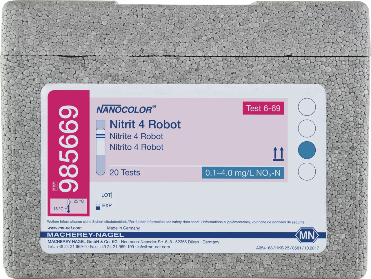 NANOCOLOR Nitrite 4 for examination on Skalar robots tube test measuring range: 0.1-4.0 mg/L NO2-N 0.3-13.0 mg/L NO2- sufficient for 20 determinations