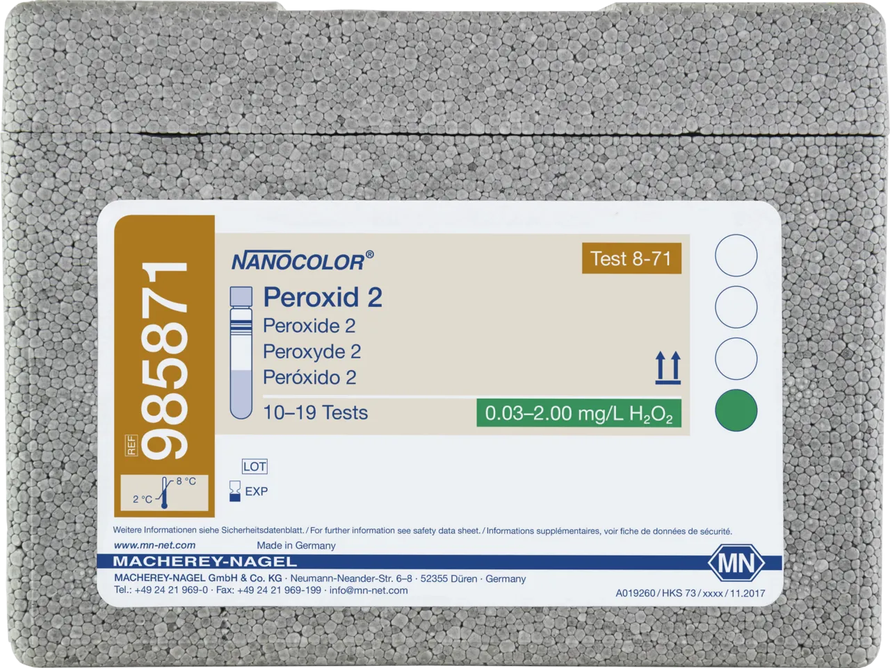 NANOCOLOR Peroxide 2 tube test measuring range: 0.03-2.00 mg/L H2O2 sufficient for 10-19 determinations