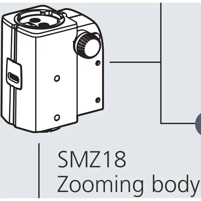 Nikon SMZ18, manual, parallel optics, Achromat, Zoom Head, bino, 7.5-135x, click stop, ratio 18:1, 15°