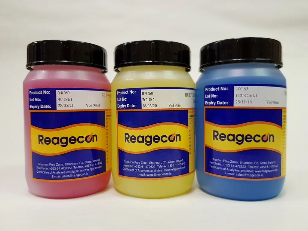 Reagecon pH 4.00, pH 7.00 & pH 10.00 Recal Colour Coded Buffer Solutions at 20°C (mixed pack containing 2 of each pH value)