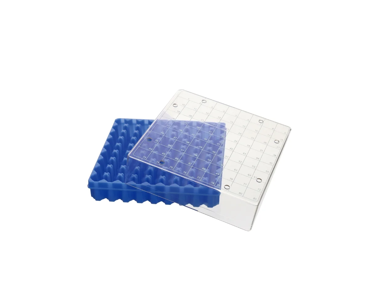 FREEZING BOX, PC MATERIAL, HOLDS UP TO 81(9X9)PCS OF STANDARD CRYOGENIC VIALS OR VIALS OF LID DIA.≤12.5MM, Polycarbonate, 1/pk