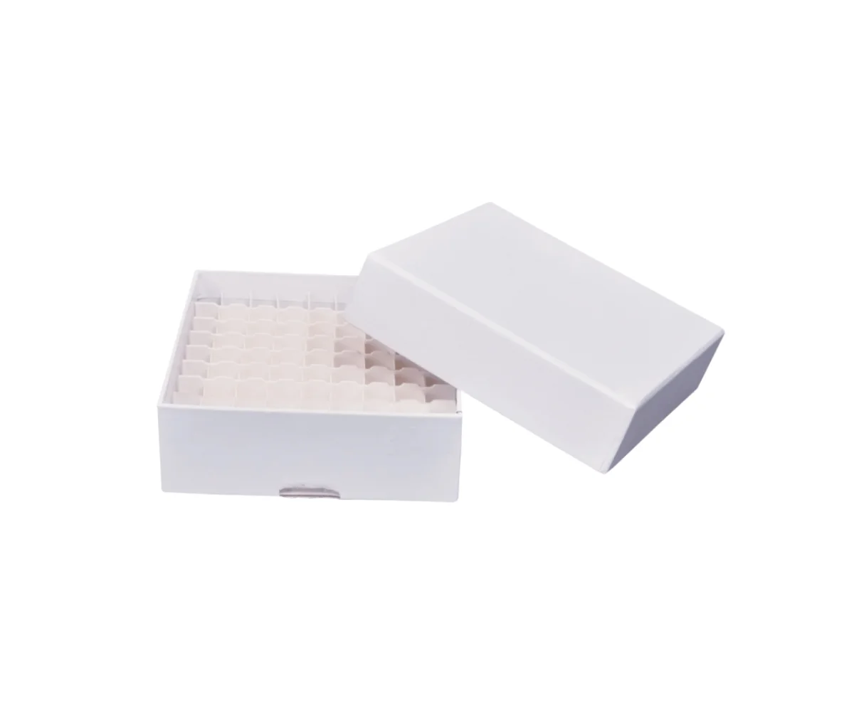 FREEZING STORAGE BOX, CARDBOARD, WITH A WHITE WATERPROOF COATING AND TWO DRAIN SLOTS IN DIMENSIONS OF 27X5MM AT BOTH SIDES OF THE BOTTOM, EXTERNAL DIM.15X15X12.2CM. SUPPLIED WITH DIVIDERS IN (6X6), FOR STORING UPTO 36PCS OF CENTRIFUGE TUBES 15ML,