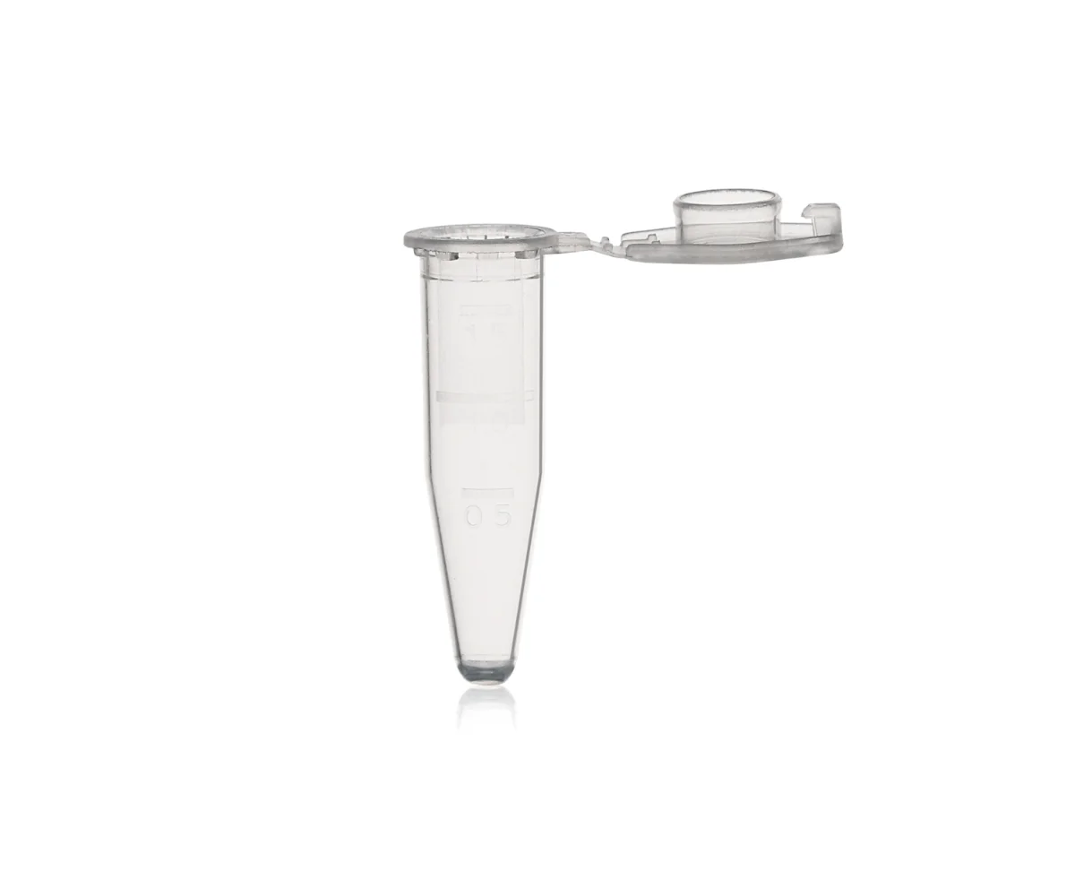 MICRO-CENTRIFUGE TUBE, PP MATERIAL, VOL.1.5ML/10.6X39.5MM, WITH HINGED-LID & SPECIAL SAFE-LOCK CAP & FROSTED WRITING AREA, CONICAL BOTTOM, MOLDED GRADUATION AT 0.5/1.0/1.5ML, GAMMA STERILE, DNA&RNA FREE, Polypropylene, 500/pk