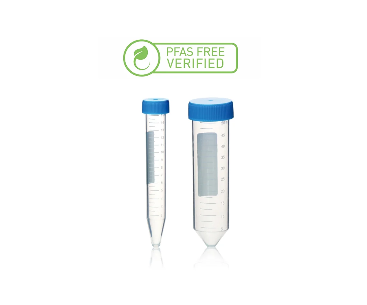 PFAS Free, Centrifuge Tube, 15ml, DIM. 17x 120 mm, Printed graduation range from 1.5 to15 ml, interval at 0.5 ml, Non sterile, 50 pcs/zip-lock bag, 500 pcs/carton, 50/pk