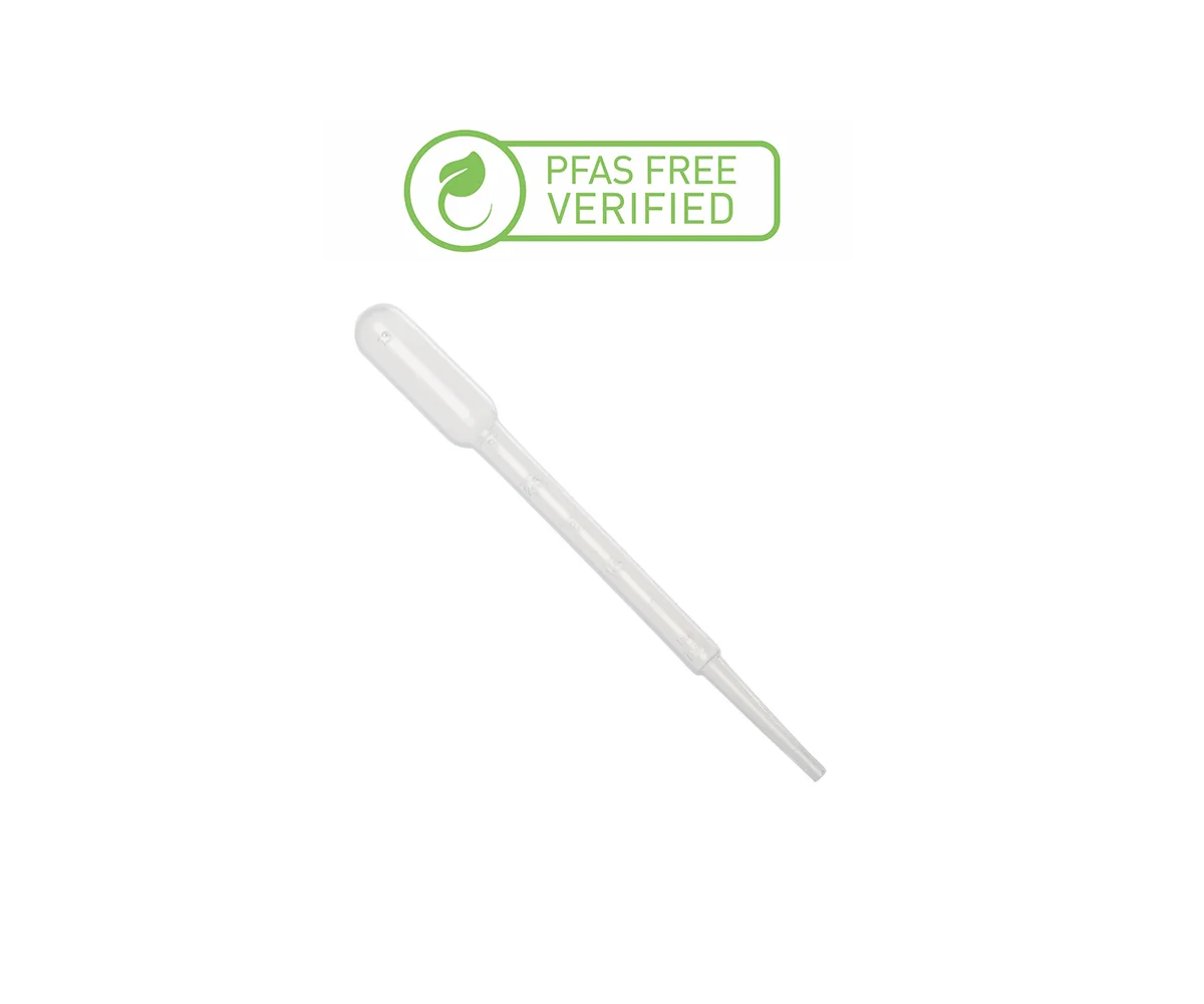 PFAS Free, Pasteur Pipette, Overall Vol(ml)5, Non Sterile, Individual peel-pack, 50x100pcs/dispenser box /carton, 500/pk