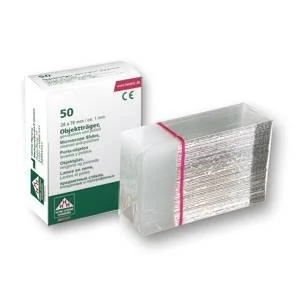 Microscopic slides, cut edges, cellophanized, frosted field