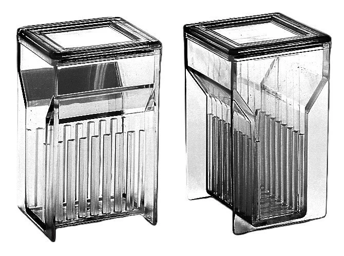 Hellendahl staining jar PMP (TPX®), 58 x 53.5 x 86 mm, for 8 slides 76 x 26 mm, incl. cover