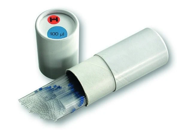 Micropipettes/Ringcaps, heparinized, 125 mm length, Duran glass, marks at 44,7 µl, 250 pcs./can