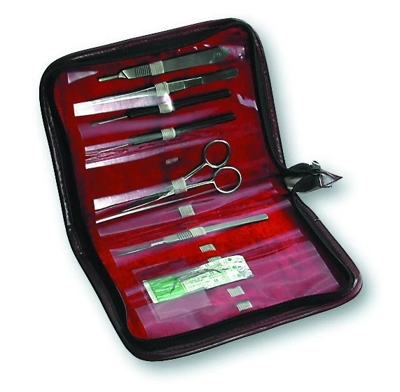 Dissections sets in plastic etui, with 6 instruments, contents: 1 scalpell handle no. 4 with blade
