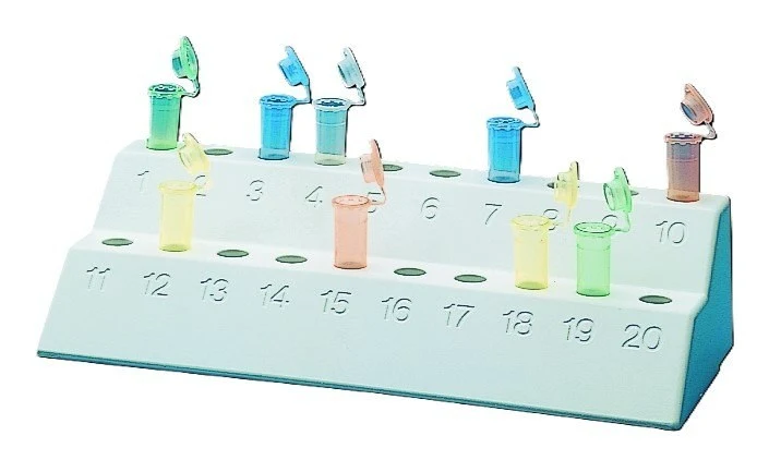Rack for conical cups 1.5 ml, PP, for 20 tubes, 90 x 210 mm, height 49 mm, dual level