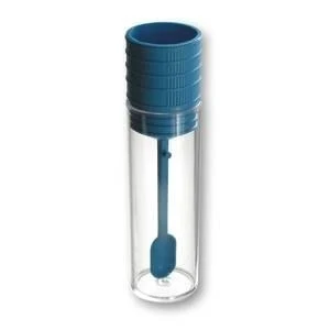 Faeces container PS, approx. 18 ml, with pressure stopper and plastic spoon, 22 x 63 mm